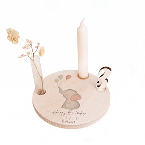 Personalisierter Geburtstagsteller aus Holz mit Kerzenhalter, Vase & Jahres Zahlen - Geburtstagsdeko mit Name - 1. Geburtstag Baby & Kinder Geschenk - ⌀16 cm x 12mm - hellomini (Elefant)