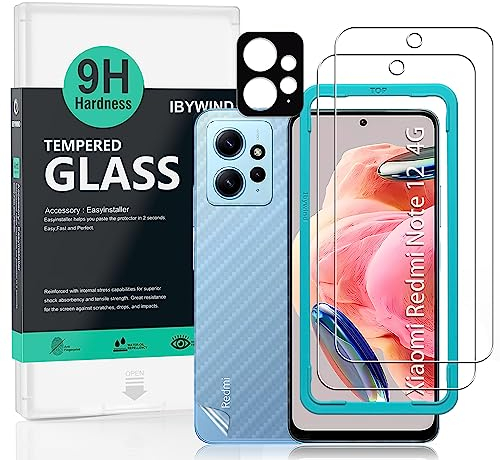Ibywind Protector de pantalla para Xiaomi Redmi Note 12 4G(6.67 pulgadas),con 2 piezas de Cristal Templado,1 pieza de protector de lente de cámara,1 pieza de película de fibra de carbono trasera