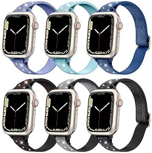 Neitra [6Piezas] Correas Estrecha elásticas para Apple Watch 42mm 44mm 45mm, suave elástico Regulable nylon Pulseras repuesto Deporte Solo Loop banda para iWatch Serie 9 8 7 6 5 4 3 2 1 SE SE2