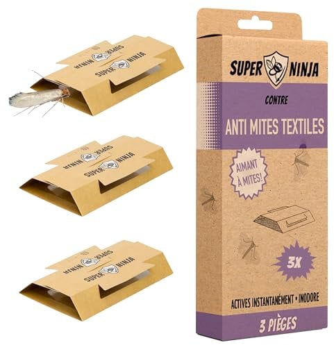 Super Ninja Anti-Acariens Textiles - Pack de 3, Puissant, Non Toxique, avec Phéromone, Protège Vêtements, Tapis, Tiroirs, Efficace Jusqu’à 3 Mois