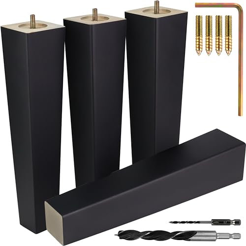 Lot de 4 pieds de meubles carrés noirs – Pieds de meubles pour canapé, chaise, canapé, commode, lit, armoire, ottomane – Pieds en bois faciles à installer avec matériel d'installation et instructions