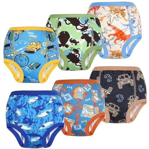 FLYISH DIRECT Potty Training Pant, 100% Cotton Absorbent Training Underwear for Toddlers Boy and Girls 6 Packs, Baby Reusable Potty Training Pants, 3 Years, Animal & Car