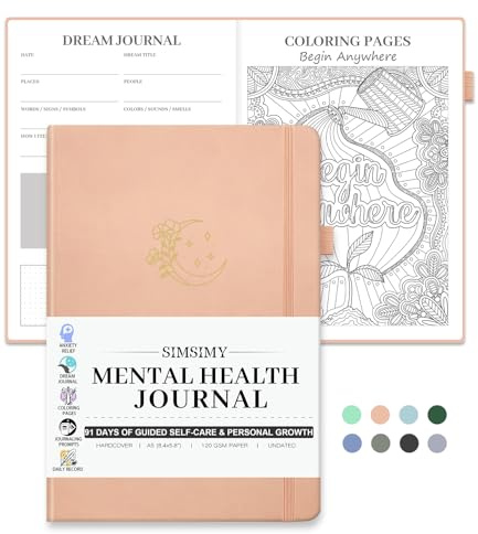 SIMSIMY Tagebuch für psychische Gesundheit, 91-Tagebuch zur Selbstpflege, für Damen und Herren, geführtes Tagebuch zum Angst- und Stressabbau, mit Stimmungs-Tracker, kognitiver Verhaltenstherapie,