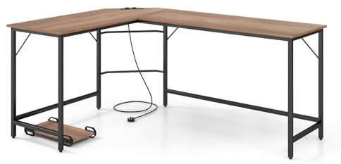 LIFEZEAL L-förmiger Eckschreibtisch, Büroschreibtisch mit Steckdosen & USB-Ladeanschluss, Computertisch für 2-3 Computer, Arbeitsplätze mit CPU-Ständer, 168 x 125 cm (Natur)