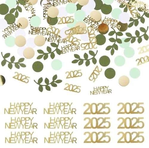 AKONE Silvester Deko 2025 - Happy New Year Konfetti Set, 200 Stück Grün Streudeko für Tischdeko und Party