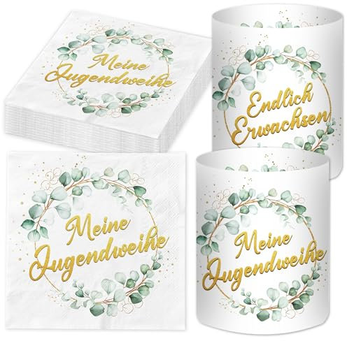 20 Stück Servietten Jugendweihe + 12 Stück Windlicht Tischdeko, Jugendweihe Deko Mädchen Junge 2025, Gastgeschenk Meine Jugendweihe Dekoration Eukalyptus Grün Gold, Party Deko Set Geschenke