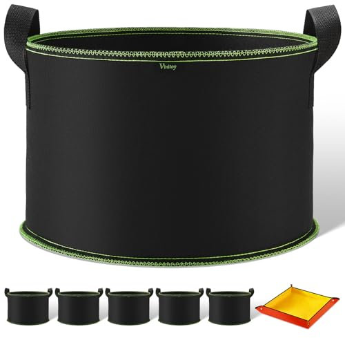 Vinitoy Lot de 5 sacs de culture de 50 litres en tissu non tissé épais avec poignées étendues, pots en tissu robuste avec tapis de rempotage pour légumes, plantes et fruits, 60 l