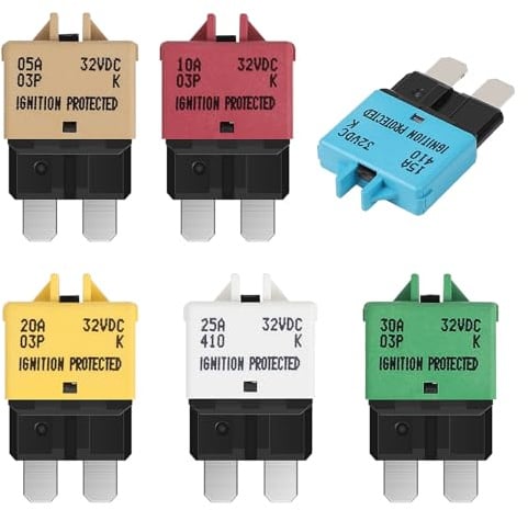 EFUTURETIME 6 Stk. Sicherungsautomat 32V DC 5A 10A 15A 20A 25A 30A | Manueller Reset, Manuell Zurücksetzbarer Leistungsschalter, für Wohnwagen, LKW, Boote und Auto