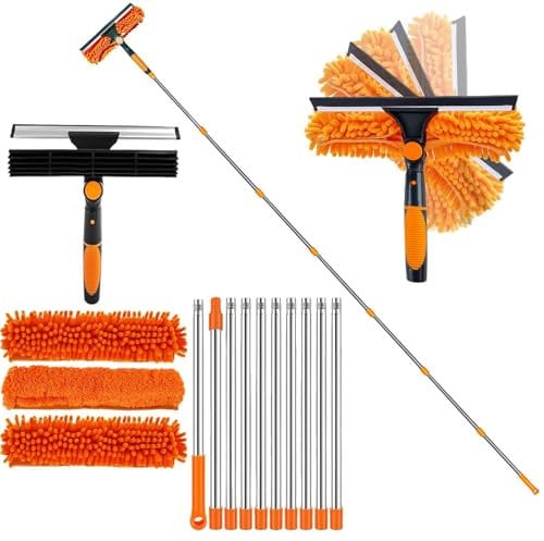 Window Cleaning Equipment, 4.5m Telescopic Window Squeegee Glass Cleaner with Silicone Squeegee Scrubber Tool Professional Cleaner Kit for Indoor/Outdoor High Window Car Home