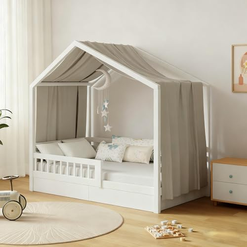 GFCC Ciel de Lit Cabane Ensemble de Décoration 1 Pièces 135 x 360 cm Camel | Rideaux Lit Cabane Enfant Baldaquin Ciel en Tissu de Maison Chambre pour Fille Garçon