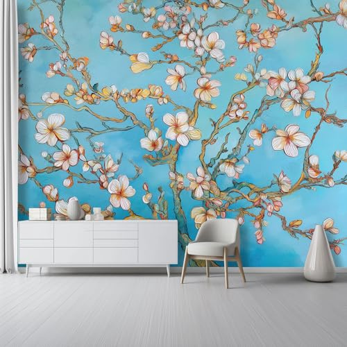 Générique Papier peint mural 250 x 175(WxH) – Papier peint photo 3D imperméable en intissé avec motif Peinture à l'huile Art Fleurs pour salon chambre et couloir, décoration murale en Bleu