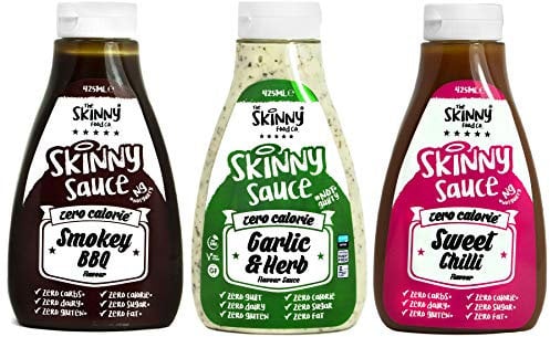 The Skinny Food Co Sweet Chilli, Garlic and Herb, Smokey BBQ Set of 3 Condiment Sauces Sugar Free Zero Calories, 425ml