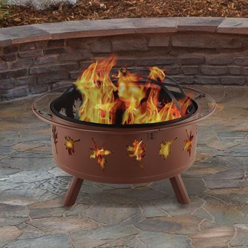 Pure Garden - Chimenea Redonda de leña para Exteriores de 32 Pulgadas con Cuenco de Acero, Recortes de Hojas, Pantalla de chispas, atizador de Troncos y Cubierta de Almacenamiento (óxido)