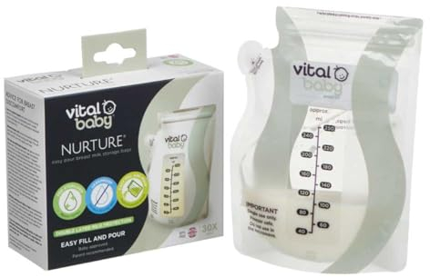Vital Baby Nurture Easy Pour Breast Milk Storage Bags 250ml 30pk – Breastmilk Collection Pouches - Non-Spill & Leakproof with Hygiene Spout - BPA, Phthalate & Latex Free - Store in Fridge or Freezer