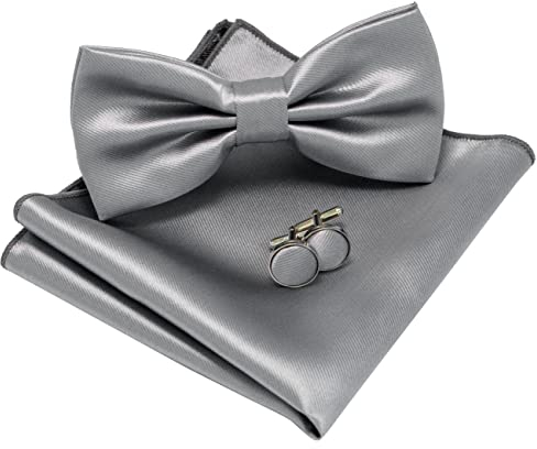 JEMYGINS Fliege Herren Grau 3 Satin Zweifach Gefaltet und Einstecktuch mit Manschettenknöpfe Sets(11)