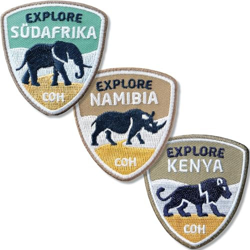 3er-Set gestickte Patches Namibia, Kenia, Südafrika 55 x 60 mm/Afrika Safari Tiere Elefant Nashorn Löwe Reise/Patch Aufnäher Aufbügler Flicken Bügelbild/Reiseführer Buch