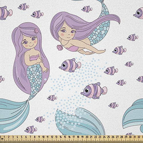 ABAKUHAUS Meerjungfrau Stoff als Meterware, Unterwasserphantasie Schwimmen, Seidiger Satin Stoff für Polster Heimtextilien, 1M (160x100cm), Hellblau Weiß