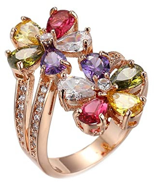 Lieson Rosegold Ringe Damen, Frauen Ring mit Stein Vergoldet Zwei Blumen Verlobungsring Damen Tropfen Bunt Zirkonia Ring Größe 52 (16.6)