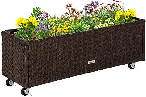 Outsunny Fioriera Rialzata, Letto per Orto in Rattan Sintetico con 4 Ruote Bloccabili, per Interni ed Esterni, 94.5x31x36cm Grigio talpa