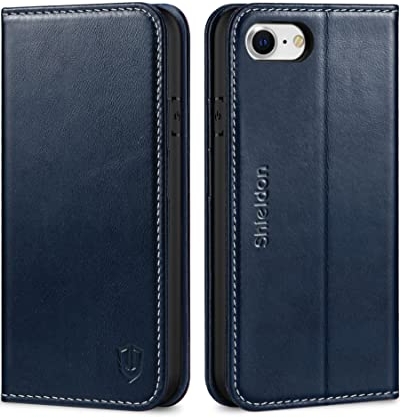 SHIELDON Cover per iPhone SE 2020, Custodia per iPhone 8 iPhone 7, Portafoglio Vera Pelle Slot Schede, Cover Cavalletto Stile Libro Chiusura Magnetica per iPhone SE2/8/7 – Blu Scuro Retrò