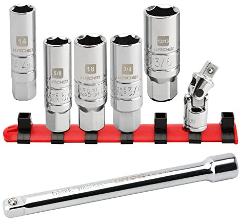 LLNDEI 3/8 inch Spark Plug Socket Set, 6 Point, SAE & Metric (14mm,18mm,13/16,5/8,3/4), 7 PCS CR-V Spark Plug Removal Tool with 6 Extension Bar and Universal Joint for Car Repair