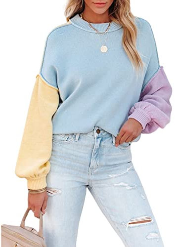 HEYPORK Damen Herbst Winter Warm Bequem Pullover Casual Mode Strickjacke Strickpullover Frauen Mode Persönlichkeit Gestrickt Rundhals Pullover(Blau, M)