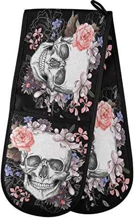 Double Oven Glove Floral Sugar Skull Heat Resistant Double Ovens Mitt Modern Cooking Gloves Potholders