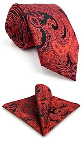 S&W SHLAX&WING Paisley-Krawatten für Herren, Rot, Schwarz, Hochzeit, elegantes Trauzeugen-Krawatten-Set mit Einstecktuch, extra lang, 160 cm
