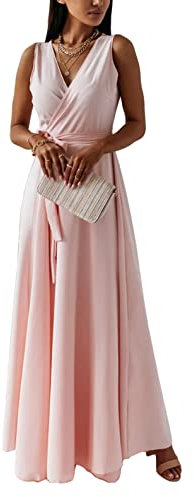 Tomwell Femme Robe de Soirée Longue Plissée Taille Haute - Col en V Profond pour Club Party - Couleur Unie Maxi Cocktail Vintage C Rose XL