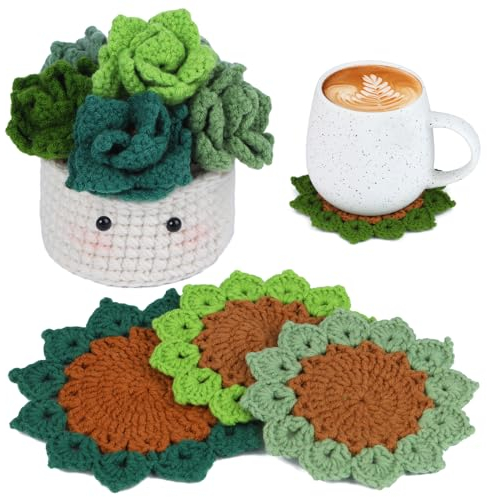 MASPHY Anfänger Häkelset, 6-Teiliges Set Teetasse Matte Häkelset, Komplettes Anfänger Häkelset, Einschließlich Garn, Zubehör, Schritt-für-Schritt Video Tutorial für Erwachsene Anfänger