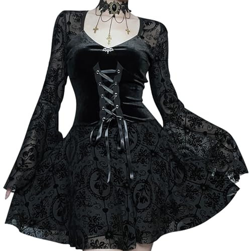 Maeau Women's Black Gothic Lolita Lace Punk Cocktail A Line Dress