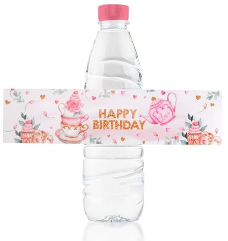 URROMA Happy Birthday Water Bottle Labels, 50Pcs Pink Tea Party Birthday Bottle Wraps Birthday Stickers for Party Birthday Drinking Water Bottle Paper Labels