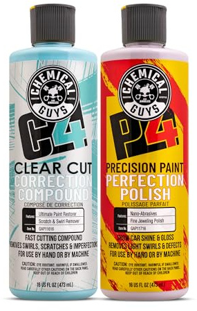 Chemical Guys C4 & P4 Clear Cut Correction Compound and Precision Paint Perfection Polish Combo - Removes Scratches, Swirls, Towel Marks, and Etching, Restores Gloss, Polishing Kit - 2 x 16 oz