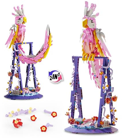 2 in 1 Blume Papagei Bausteine Set,360° drehbar,kompatibel mit Lego Tiere,Kreative exotische Tiere Bausteine,Deko Geschenk für Erwachsene und Mädchen ab 8-16+(Rosa,630 PCS)