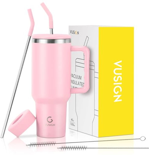 VUSIGN Gobelet de 1200 ml avec poignée et couvercle à paille, gobelet de voyage isotherme en acier inoxydable pour eau, thé glacé, café, smoothie, voiture - Blush