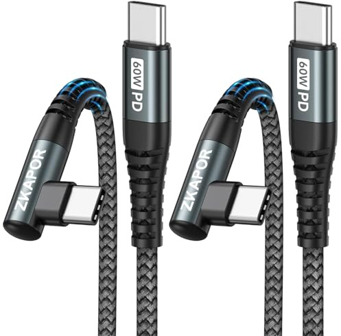 ZKAPOR Cavo USB C a USB C 90 Gradi [2Pezzi 1m] Cavo USB Type-C PD 60W Ricarica Rapida Cavo Tipo C Compatible con iPhone 16/15, Samsung Galaxy S25/S24, Pad Pro, Air 2022/2020, P60/P50, Pixel -Grigio