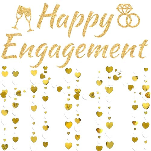 Engagement Party Decorations Banner Garland - Gold Engaged Decoration Set Happy Engagement Letters Banners White Gold Love Heart Garland Hanging Paper Streamer Banners for Proposal Engaged Party