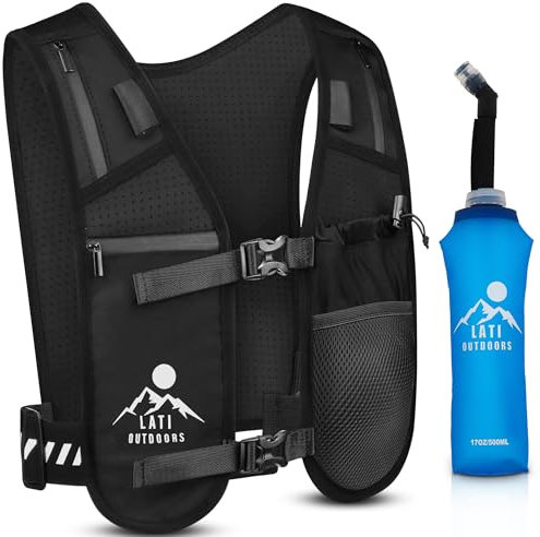 Lati Outdoors Running Vest with Waterproof Phone Pouch - Breathable Hydration Pack with 500ml Collapsible Water Bottle - Adjustable Reflective Running Hydration Pack for Men and Women with 6 Pockets