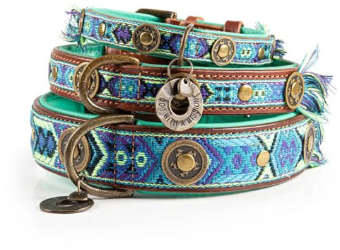 Dog with a Mission - Hundehalsband L | Farbenfroh in Blau und Türkis | Boho, Ethno, Ibiza, Hippie | Für große Hunde | Handgemacht | Modisch und Bunt | Aus weichem Echtes Leder | 2,5 cm Breit