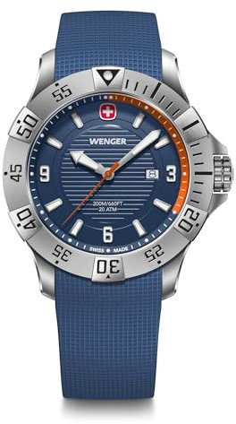 WENGER Herren Armbanduhr Seaforce, Ø 43 mm, Swiss Made, Analog Quarz, Wasserdicht bis 200 m, Silikon-Armband, Blau, 01.0641.140