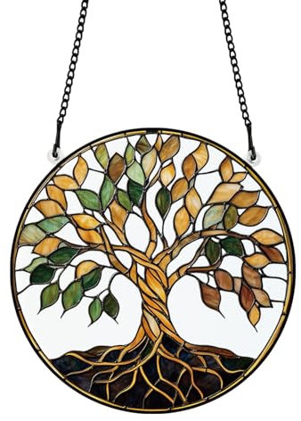 PLIGREAT Sonnenfänger Mit Lebensbaum Motiv Gebeizt Sonnenfänger Aus Acrylglas Goldener Baum Für Terrasse Und Garten Hängender Baumschmuck Für Wohnzimmer Schlafzimmer Spielzimmer Fensterdekoration