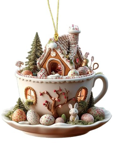 Easter Tree Ornaments - Easter Egg Bunny House Coffee Cup Decoration | Flat House Chocolate Mug Decorative Pendant | Funny Spring Landscape Pendant | Keychain Decorating Accessories For Housewarming