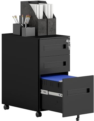Vinsetto 3 Drawer Mobile File Cabinet, Metal Filing Cabinet with Lock and 5 Wheels for A4/Legal/Letter Sized Documents, Hanging File Folders, Pre-Assembled Body, 30 x 43.5 x 60 cm, Black