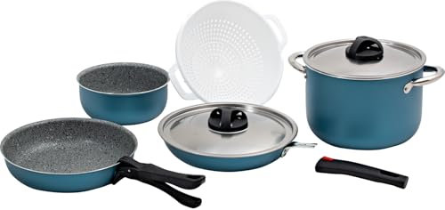BERGER Stone Topfset 8-teilig | Camping Topf & Pfannenset aus Aluminium mit Antihaftbeschichtung & abnehmbarem Griff | Kochtopfset leicht & kompakt ideal für Outdoor Küche & Kochen unterwegs