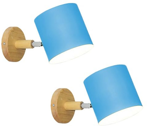 LIGKIN 2 Stück Wandleuchte Innen E27 Verstellbare Wandleuchte Holz Wandlampen mit Metallschirm Deckenleuchte Kinderzimmerleuchte für Nachttisch Büro Wohnzimmer Lesen, Blau