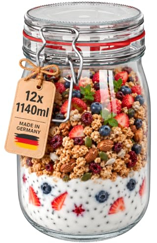 WELLGRO 12x Einmachgläser mit Bügelverschluss rund 1140ml, Fermentierglas, Vorratsgläser mit Deckel - Gläser mit Deckel Made in Germany