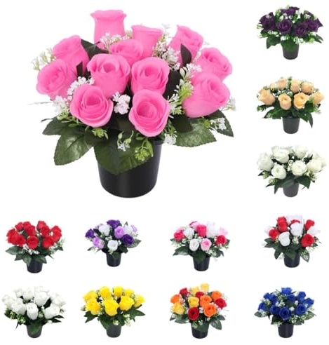 Mr. Barry's Grave Flower Pot with Foam Insert (Pink) | Artificial rose grave flower pot with foam insert for cemetery, memorial and graveside displays