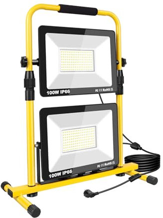 SKYWORLD 200W Projecteur Led Chantier, 20000LM Lampe Chantier Led avec prise, Portable Phare de travail Extérieur Etanche IP66 6000K Blanc Froid pour Travaux Atelier Garage Construction
