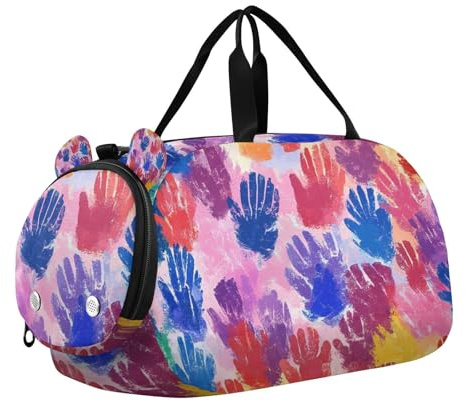 Bunte Handabdrücke Seesack mit Schuhfach, multifunktional, Wochenende, Übernachtung, Handgepäcktasche für Reisen, Sport, Reisetasche, Wochenende