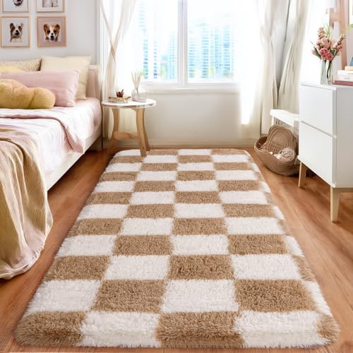 BSGIFT Hochflor Teppich Flauschig Kariert 80x150 Läufer, Plüsch Teppich Shaggy Langflor für Schlafzimmer Wohnzimmer Kinderzimmer, Modern Wohnzimmerteppich Bettvorleger rutschfest, Creme und Braun